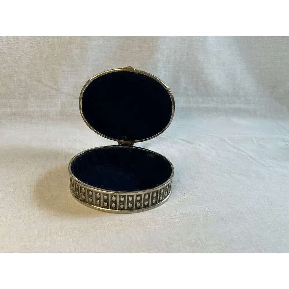 Silver Toned Small Jewelry Box, Blue Lined, 5X4, Raised Details, Classic